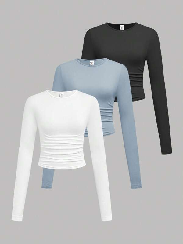 SHEIN Girlism 3pcs Teen Girls' Solid Color Round Neck Gathered Casual Long Sleeve T-Shirts Set