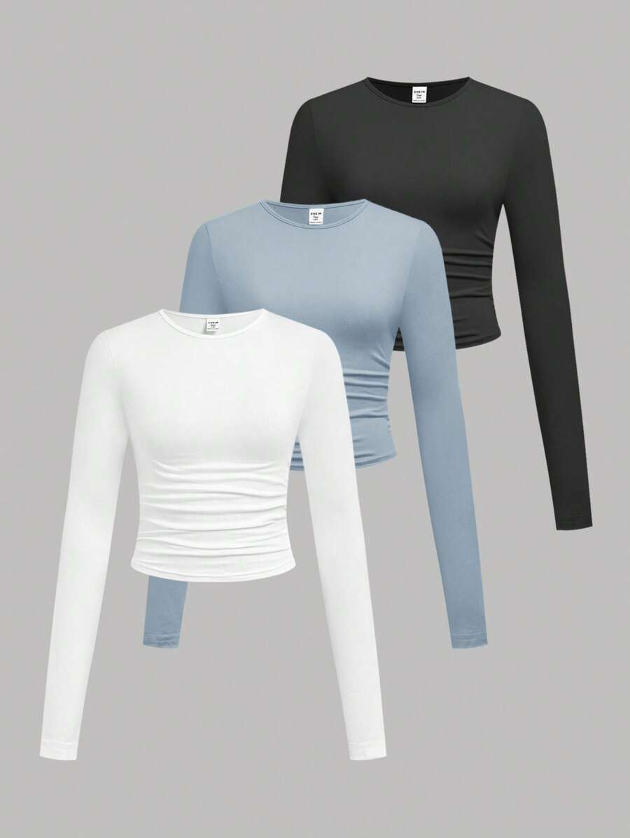SHEIN Girlism Set de 3 camisetas de manga larga de cuello redondo y unicolor con pliegues casuales para adolescentes chicas