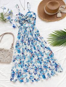 Soleia Abito casual da donna per vacanze, con stampa floreale all-over, con dettaglio a treccia e spalline a spaghetti, lunghezza media - Multicolore - Visualizzare 1