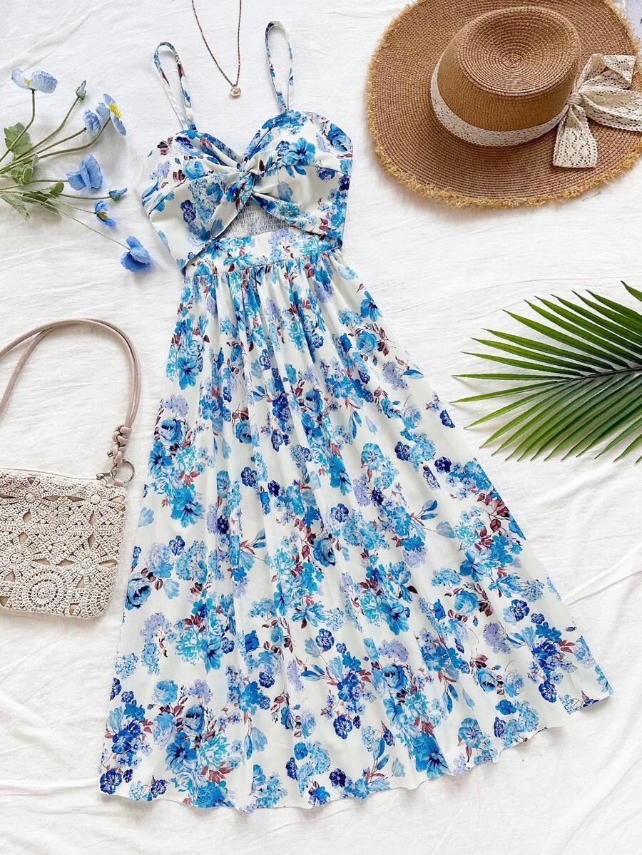 Soleia Abito casual da donna per vacanze, con stampa floreale all-over, con dettaglio a treccia e spalline a spaghetti, lunghezza media - Multicolore - Visualizzare 1
