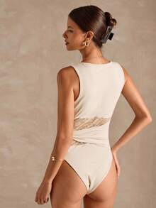 SHEIN BAE Women's Round Neck Contrast Lace Sleeveless Bodysuit