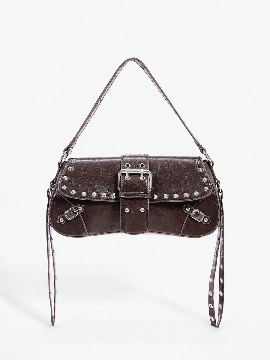 SHEIN X Lucía Bellido SHEIN SXY 女士单肩包、流浪包、流苏、铆钉、酷炫、时尚、街头、简约、个性、百搭、适合约会、日常、购物、下午茶 - 咖啡 - 查看 1