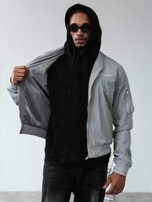 Manfinity Homme Men's Casual Loose Fit Vintage American Style Stand Collar Jacket,Light Grey Bomber Jackets,Autumn Streetwear,City Break Zip Up Cropped Couple Jacket - Grey - View 8
