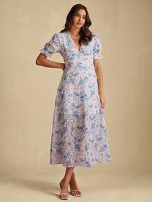 Enchnt Vestido midi elegante, romântico, azul, com decote em V, estampa floral, cintura marcada, manga curta, doce e elegante para férias, encontros, festas, formaturas, convidados de casamento e praia, vestido de baile, vestidos elegantes para festas - Azul - Ver 6