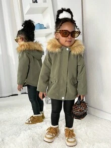 SHEIN Babygirl 休闲百搭军绿色仿皮草连帽夹克，秋冬 - 軍綠色 - 查看 3