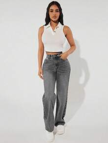 SHEIN PETITE Women's High Waist Pockets Straight Loose Casual Versatile Denim Jeans