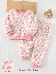 Cozy Pixies 2件套少女柔软针织豹纹圆领长袖运动衫和松紧腰裤套装 - 粉色 - 查看 1