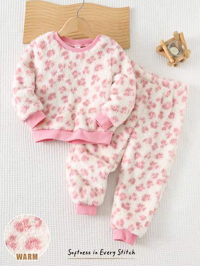 Cozy Pixies 2件套少女柔软针织豹纹圆领长袖运动衫和松紧腰裤套装