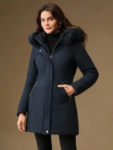 Anewsta Women's Mid-Length Cinched Waist Hooded Zip-Up Padded Coat