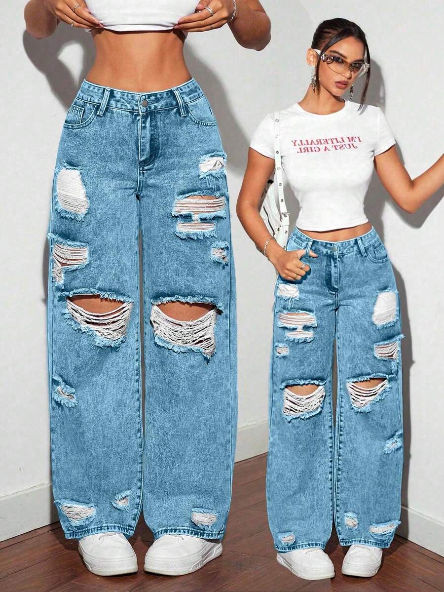 SHEIN Tall Women's Blue Mid-Waist Ripped Fashionable Versatile Straight Loose Fit Jeans - Light Wash - View 1
