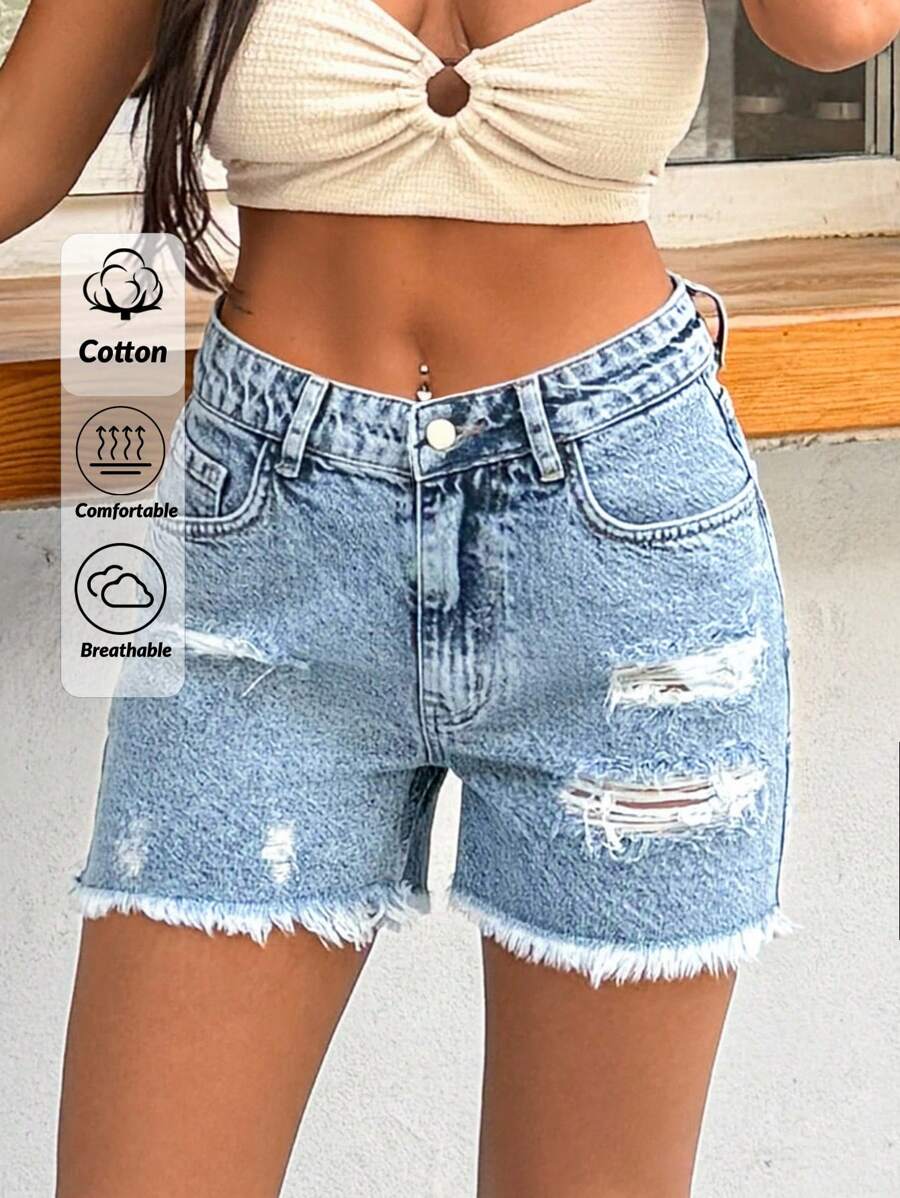 SHEIN Cottnline 100%Cotton Rigid, Low Waist, Destroyed Short - Light Wash - View 1