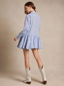 WESTFADE 水钻条纹编织长款泡泡袖纽扣前领迷你衬衫裙 返校装 可爱秋夏乡村音乐会 - 藍色 - 查看 2