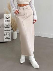 EURMUSE Cao eo Bất đối xứng Raw Hem Váy Denim - Màu be - Xem 1