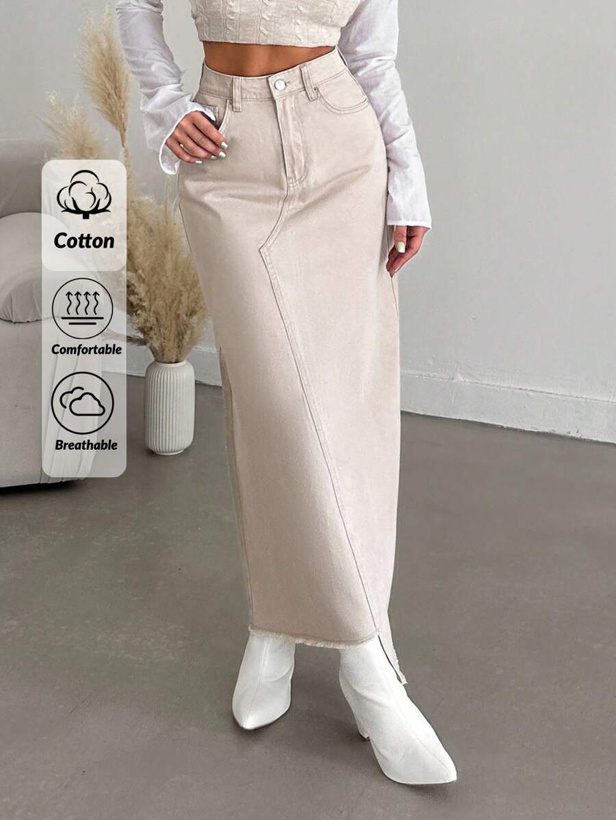 EURMUSE Cao eo Bất đối xứng Raw Hem Váy Denim - Màu be - Xem 1