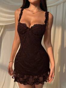 MainGRL 女式棕色花卉蕾丝蝴蝶结装饰修身无袖迷你连衣裙 - 棕色 - 查看 6