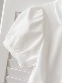 Girls' Korean Style Fashionable Casual School Look Outfit, Peter Pan Collar Short Sleeve Shirt & Patchwork Pleated Skirt Set, Summer