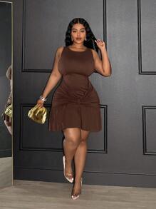 Veslaya Nuevo vestido elegante de primavera/verano para fiesta, cita elegante, noche y mini vestido, ajustado de color marrón sólido sin mangas con pliegues en la cintura, volantes en el bajo, tela elástica de punto, tallas grandes para mujer - Marrón - Ver 6
