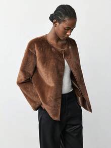 Maija 女士棕色人造毛皮双面夹克，适合春秋冬，休闲和商务穿着，宽松版型，长袖，前拉链，舒适的办公室，低调的复古风格，高端的城市通勤，杂志编辑推荐，适合城市社交、度假、派对 秋季棕色夹克女式毛皮夹克棕色人造毛皮夹克棕色毛皮夹克女式棕色外套冬季/秋季女式人造毛皮大衣棕色人造毛皮夹克女式棕色夹克 - 棕色 - 查看 6