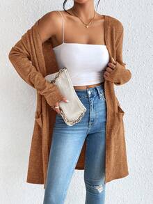 SHEIN Essnce 女士优雅常规针织开衫 开衫 女士开衫 轻薄开衫 棕色开衫 秋冬棕褐色开衫 - 鏽棕色 - 查看 6