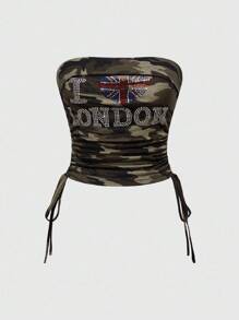 ROMWE Grunge Punk Camo Print Heart Rhinestone Decor Side Drawstring Tube Top For Women - Army Green - View 1