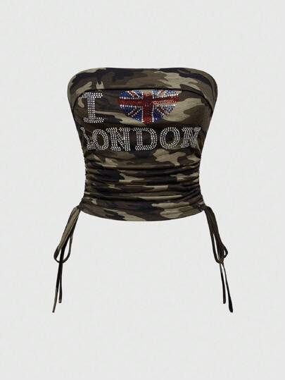 Grunge Punk Top tube à cordon de serrage avec imprimé camouflage et décoration de strass en forme de cœur pour femmes