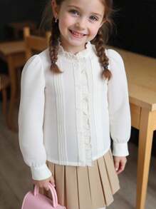 SHEIN 年轻女孩青少年女孩荷叶边领褶皱泡泡袖高低下摆法式衬衫，青少年女孩白色衬衫，可爱荷叶边生菜饰边，白色长袖衬衫纽扣衬衫长袖上衣长袖衬衫，秋冬季，非常适合休闲和日常穿着和学校日常，学院风格，返校 - 白色 - 查看 9