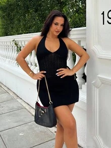 NegzBox 假日露背無袖針織裙，緊身剪裁，領帶設計 - 黑色 - 查看 5