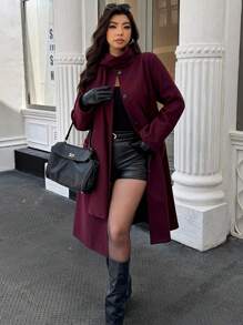 Calvaya 大码纯色围巾和羊毛大衣，时尚百搭，秋冬 - 酒紅色 - 查看 4