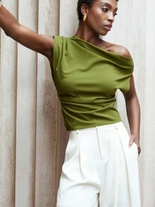 Aveloria Modichic Classy Commuting Well-Cut Old Money Style Asymmetric Shoulder Design Ruched Small Cap Sleeve Gathered Waist Women's Blouse