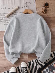 SHEIN Young Girls' Casual Comfortable Fashion Minimalist Cute Bow Pattern Thermal Lined Crew Neck Long Sleeve Pullover Sweatshirt Bow Sweatshirt Young Girls Sweatshirt Pullover Gray Sweatshirt Fall Winter - Grey - View 2