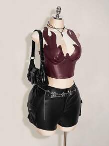 SHEIN ICON Plus Size PU Flame Print Top, Carnival Costume, Party Wear, Halloween,Fall