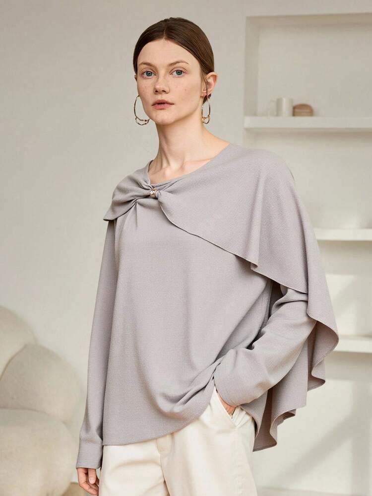 Elegant Business Casual Loose Blouse With Metal Button Decor, Twist Design, Long Sleeve, Suitable For Office Commute, Spring/Summer/Autumn