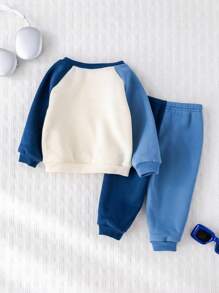 Cozy Pixies 2pcs Baby Boy Letter Print Soft Knit Crew Neck Long Sleeve Sweatshirt And Elastic Waist Pants Set Mamas Boy Outfit Baby Boy Sweatsuit Mommys Boy Baby Clothes Fall Winter - Blue - View 2