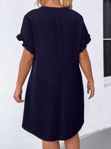 EURMUSE Plus Size Women's Solid Color V-Neck Ruffle Sleeve Casual Loose Dress - Navy Blue - View 2