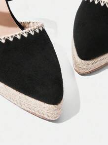 Styleloop Giày vải tối giản cho nữ có quai đeo mắt cá chân, dây chun, khóa kéo phía sau, mũi tròn giả da, khóa kim loại rỗng, dép xăng đan đế xuồng dệt dày màu đen, đi nghỉ - màu đen - Xem 4