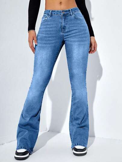 EURMUSE Calça jeans feminina casual slim flare de cintura média, versátil e estilosa