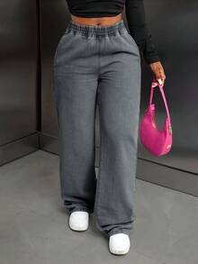 EURMUSE Jeans droits à taille élastique décontractés pour femmes - Gris - Voir 3