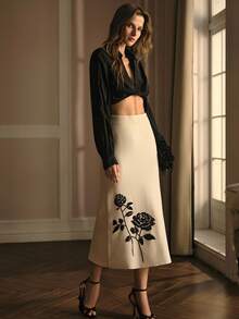 MOTF PREMIUM FLORAL PATTERN STRAIGHT SWEATER SKIRT - Apricot - View 6