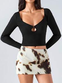 LYSMO 2025新款极简主义秋季女装时尚性感黑色纯色镂空修身短款T恤，适合外出、街头风、斯德哥尔摩风格派对和万圣节装扮 - 黑色 - 查看 6