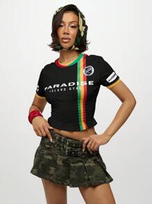 SUMWON WOMEN 天堂岛 Gyal 婴儿短款上衣 条纹水钻细节夏季节日俱乐部舞会狂欢加勒比 - 黑色 - 查看 5