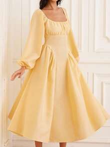 Chiquease Váy xòe tay đèn lồng phong cách Pháp thanh lịch, cổ vuông, eo thon, thiết kế ôm sát, thanh lịch, đa năng - Vàng nhạt - Xem 2