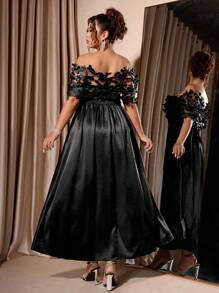 Cravure Christmas Plus Size Women's Off Shoulder Long Dress, 3D Floral Mesh Satin Shiny Extra Long Party Gown - Black - View 3