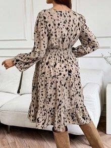 SHEIN Maternity Allover Print Shirred Lantern Sleeve Gathered Waist Elegant Dress Leopard Print Midi Dress Long Sleeve Midi Dress  Fall Women Clothes  Fall - Khaki - View 2