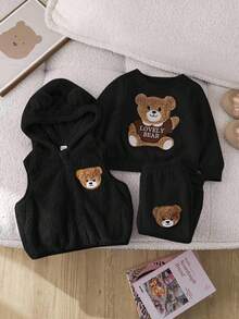 SHEIN 3pcs/Set Baby Girl Cute Black Furry Cartoon Pattern Hooded Vest Sweatshirt & Elastic Waist Pants Outfit, Autumn/Winter, Thermal Lined Fall - Black - View 1