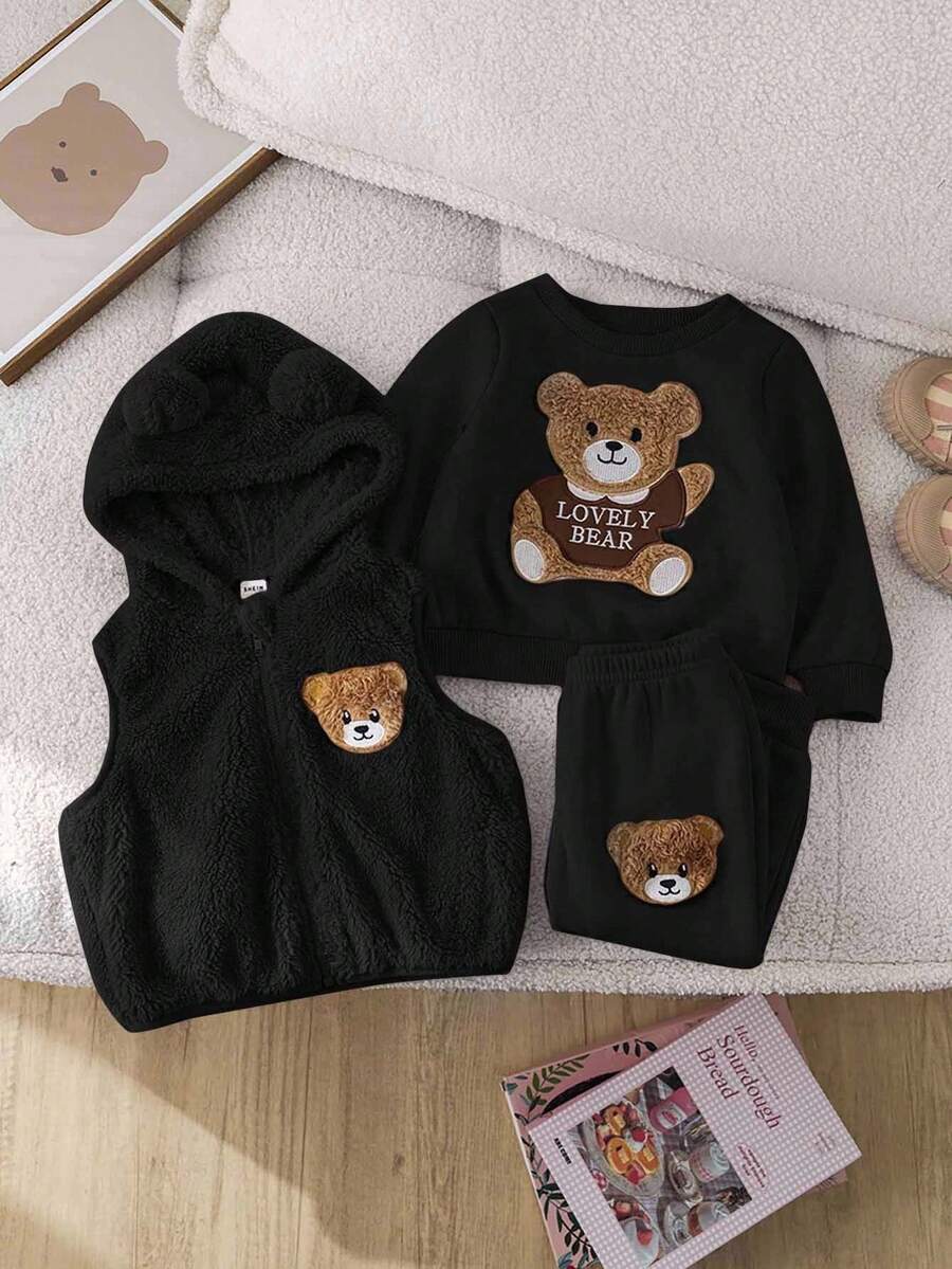 SHEIN 3pcs/Set Baby Girl Cute Black Furry Cartoon Pattern Hooded Vest Sweatshirt & Elastic Waist Pants Outfit, Autumn/Winter, Thermal Lined Fall - Black - View 1