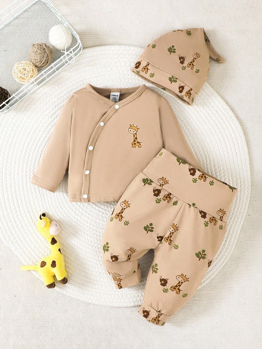 SHEIN Infant Long Sleeve Top With Full Print Giraffe Pattern & Pants Set - Apricot - View 1