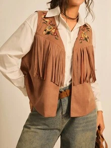 SHEIN LUNE Áo khoác vest tua rua thiết kế thêu hoa cỡ lớn cho nữ, áo vest kiểu Tây, áo vest tua rua cho nữ, quần áo kiểu Tây, quần áo mùa thu, trang phục công sở thường ngày cho nữ, áo khoác dạ hội tua rua, áo khoác da lộn tua rua cho nữ, trang phục Halloween cho nữ, áo khoác dài không tay màu lạc đà phong cách Boho, áo kiểu Tây, quần áo mùa thu cho nữ - màu nâu - Xem 7