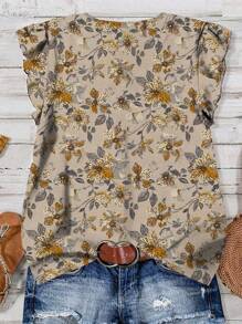 EMERY ROSE Camisa Rosa Folgada com Gola V e Mangas Voadoras de Estilo Casual Diário e de Férias com Estampa Floral, Roupa de Verão Feminina, Roupa de Férias Feminina, Roupa de Verão Feminina, Roupa Feminina para Sair - Caqui - Visão 2