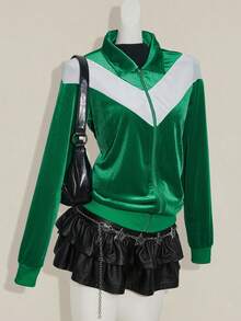 SHEIN ICON Women's Going Out Green Back To School Preppy Casual Colorblocked Patchwork Jacket, Spring/Autumn - Green - View 1