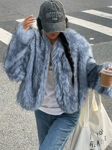 Muchica 秋冬女士蓝色长袖休闲蓬松仿皮草夹克 - 藍色 - 查看 5